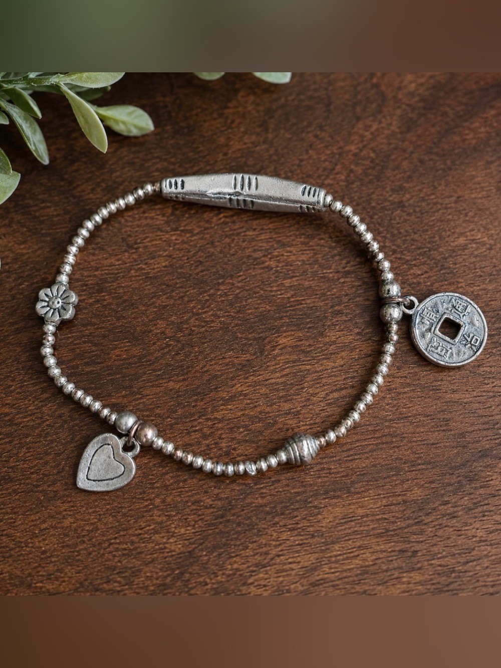Vintage Silver-Tone Stretch Bracelet • Heart & Coin Charms • Boho Artisan Style